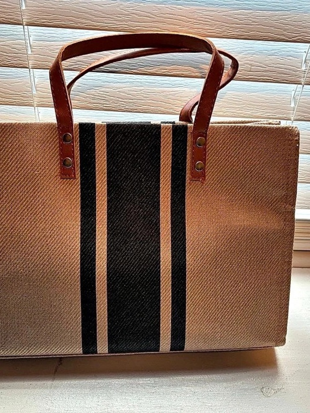 Handled Striped Bag Striped Tote in Brown & Black NWT